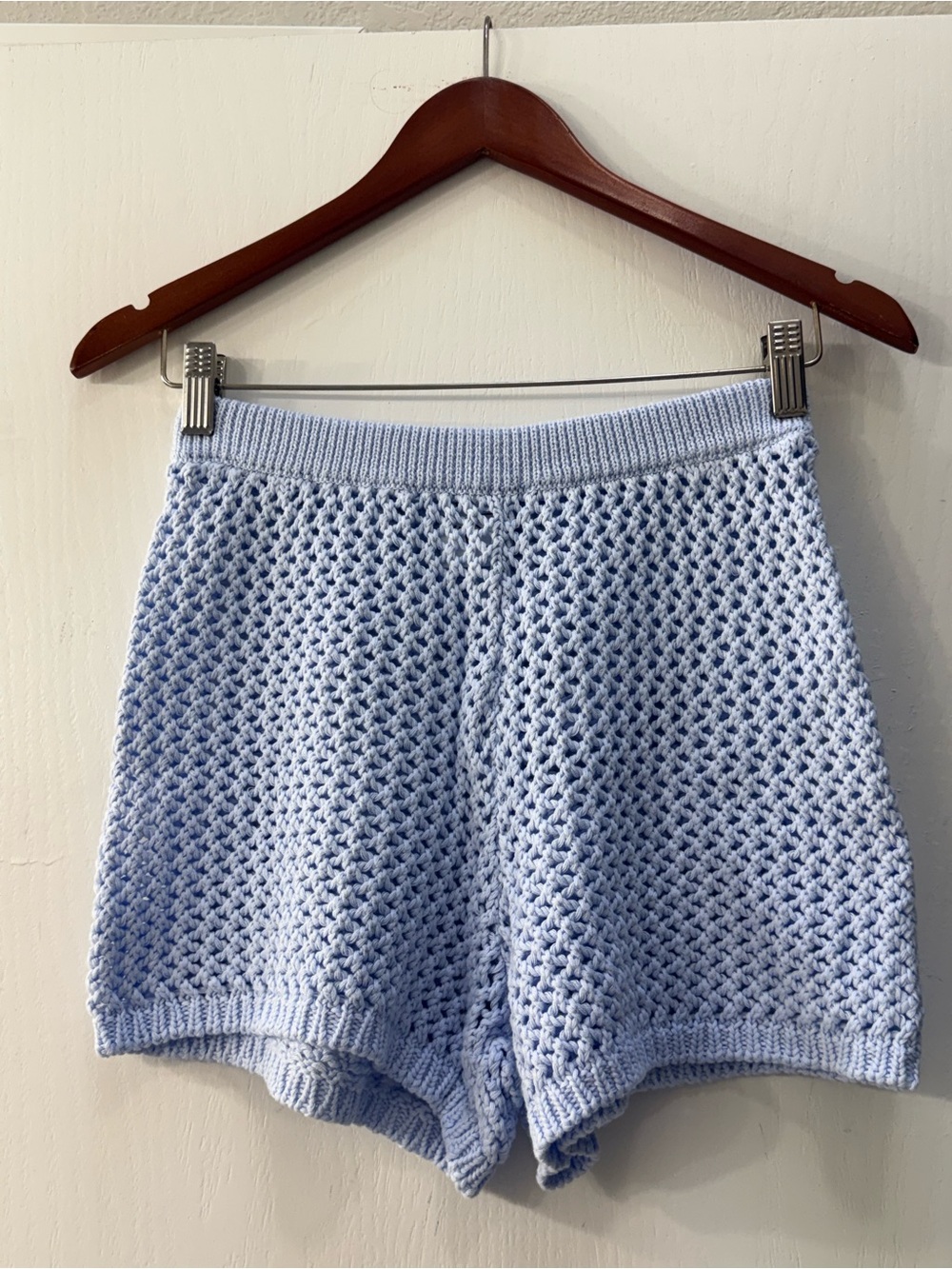OFFLINE by Aerie high waisted Crochet Knit Beach cover up shorts - Light Blue XS